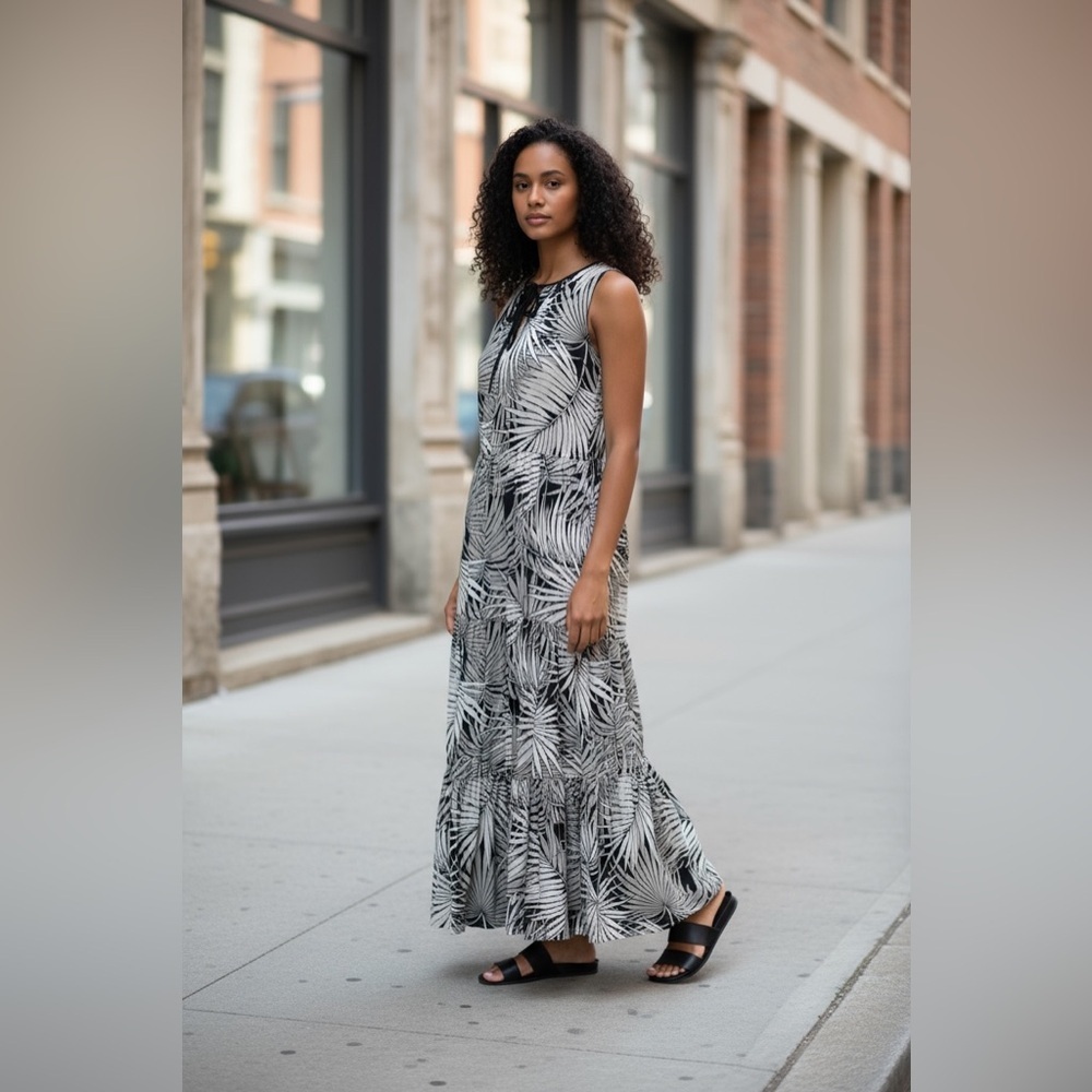 MaxMara Studio Palm Leaf Print 100% Silk Sleeveless Maxi Dress US Size 10 EUC